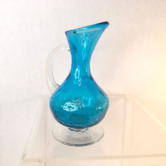 2 Vtg Art Glass Crackle Glass Pitcher Decanters Green And Blue  Mid Century - Picture 8 of 10